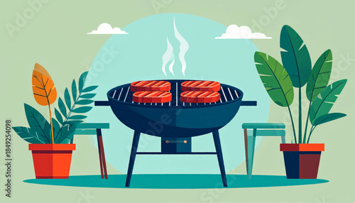 An illustration of meat grilling on a blue grill with plants and cloud accents on a pale green background