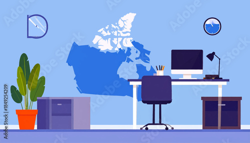 Blue home office with monitor, lamp, chair, plant, map of Canada on the wall, and two clocks