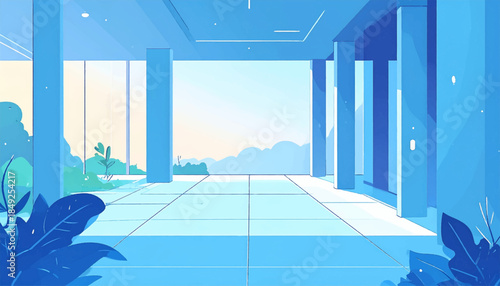 Blue hued modern interior with large windows, plants, and a view of trees and the sky