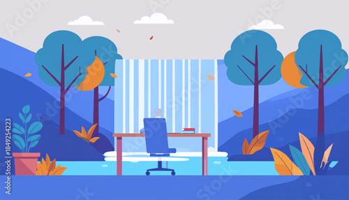 An office chair facing away from the viewer, set amidst a calm, waterfall-filled landscape