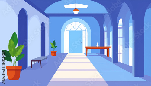 Blue interior corridor with arched entrances, striped floor, bench, plants, and table with decorative item