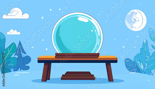 Cartoon drawing features a crystal ball on a table, amidst a surreal, bright blue landscape scene