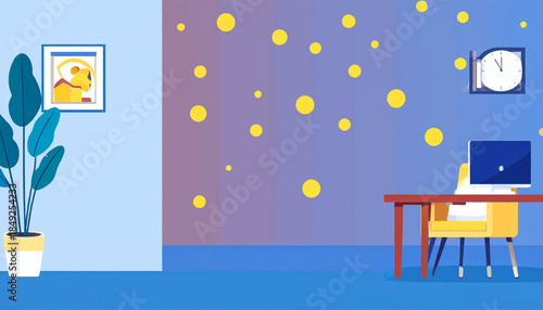 Bright, stylized home office with houseplant, art, desk, chair, computer, and clock with decorative, colorful background