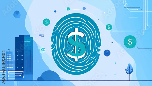 Blue illustration with stylized cityscape and dollar symbols in a circular design