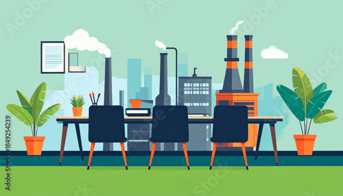 An office interior with a view of factories, complete with plants and decor, under a pale green sky