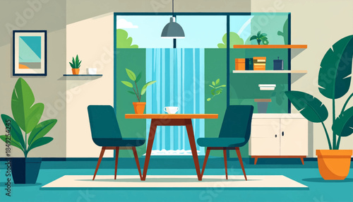 Bright, stylish dining room with indoor plants and a view of waterfall in a modern, geometric style