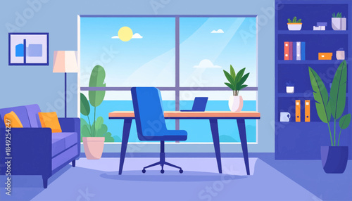 Bright, stylized home office featuring a desk, ocean view, couch, and bookshelf in calming blue and yellow hues