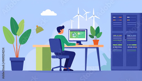 An office interior showcasing data management using wind power with server racks and computer, plants and blue sky