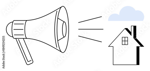Communication, home announcement, public broadcasting, promotional campaign, information sharing, remote interaction. A megaphone sending sound waves to a house with a cloud above. Communication