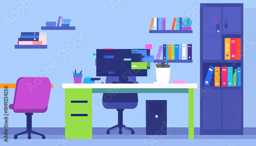 An office illustration shows a desk, chair, shelves, and cabinet in muted tones. Books and files accent the scene