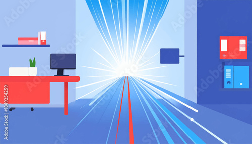 An office room with a computer desk, shelves and bright light rays coming from the window in a flat vector style