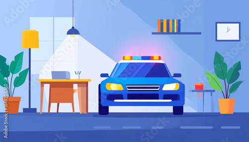 Blue police car parked inside an office, with desk, clock, & plants on light blue. Flat, modern vector style