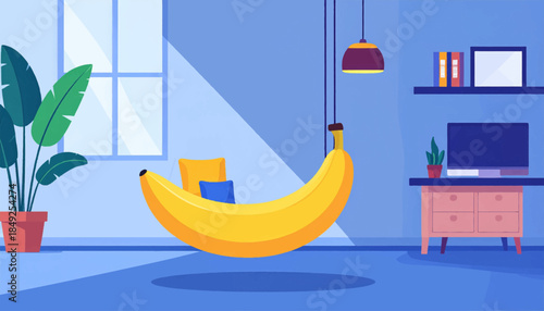 Blue room with banana shaped swing, table with tv, shelf, house plant, window, and light fixture