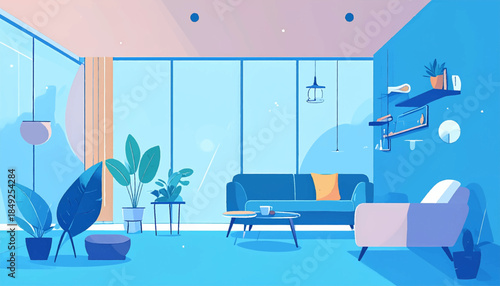 Bright, stylized illustration of a modern living room with large windows and plants