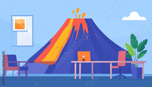 An office room with a table, chair, plant, and volcano landscape painting backdrop