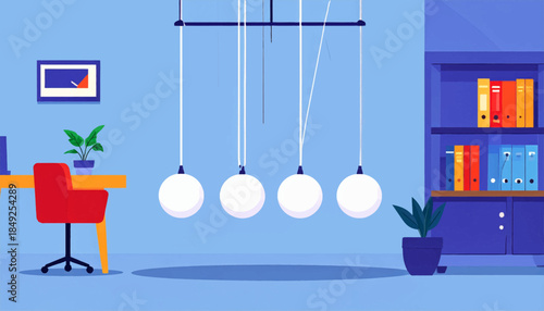 Blue room with desk, red chair, file cabinet, art, and hanging light spheres