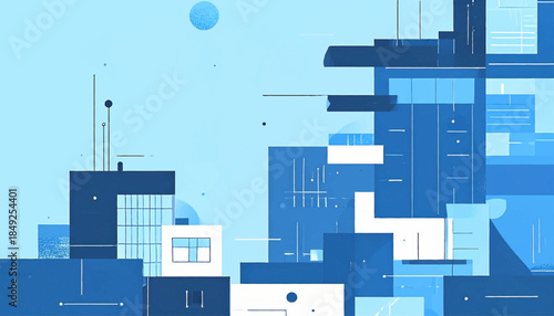 Blue-toned abstract cityscape featuring blocky shapes and minimalist lines under a stylized sky
