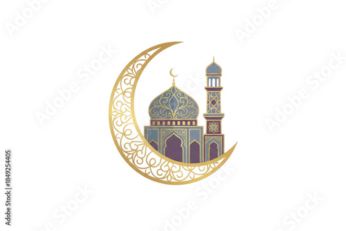 Ramadan Crescent Moon and Mosque Celebration