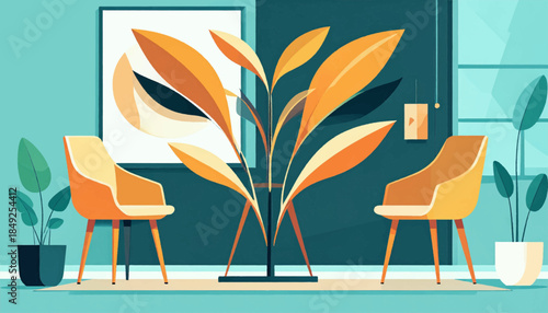 Abstract illustration warm yellow chairs flank lush greenery and artwork in a minimalist teal-toned room