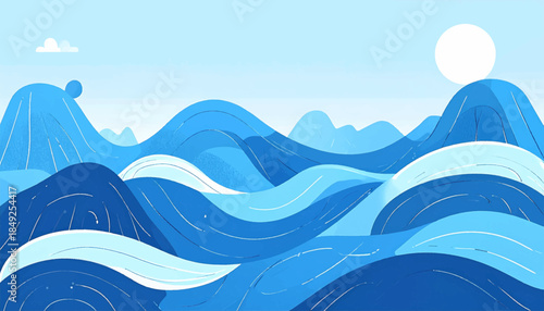 Blue-toned abstract landscape with rolling hills and a white sun