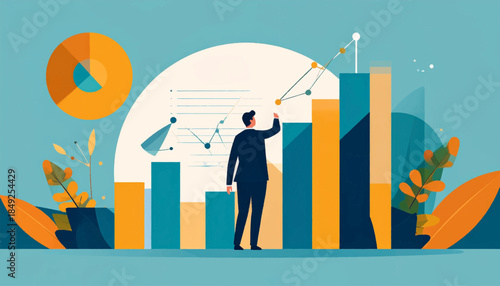 Business person analyzing bar charts and graphs, with a blue, orange, and white color palette