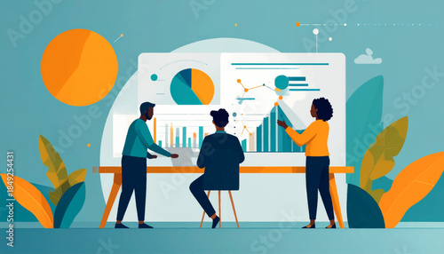 Business meeting illustration with data charts and graphs on whiteboard in cool teal/orange color scheme