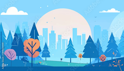 Blue-toned cartoon landscape with trees, cityscape, large sun, sky, clouds, and two silhouetted figures