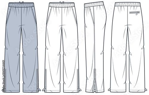 Jogger Pants Technical Fashion Illustration. Wide Leg Track Pants fashion flat technical drawing template, front, side back view, pockets, zipper slits, white, blue, women, men, unisex CAD mockup set.