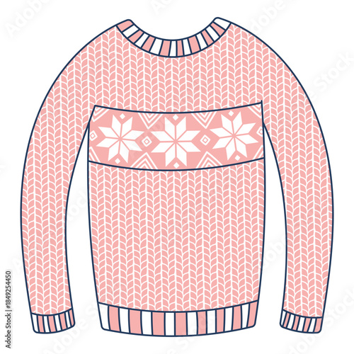Warm knitted sweater, ugly sweater isolated on transparent. Hand drawn flat vector illustration. Traditional holiday, Christmas, New Year, seasonal design element, winter clothes clip art
