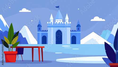 Blue-toned castle, distant snowy peaks, with a red table and potted plant foreground, sky with white clouds