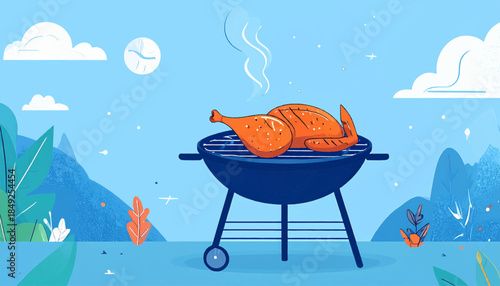 Animated bbq chicken sits on grill, set against a blue outdoor scene with stylized trees, clouds and sun