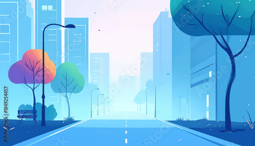 Blue-toned city street scene with stylized buildings, trees, streetlights, and a bench near the road