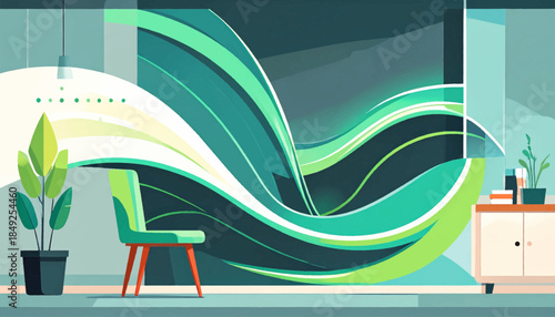 An interior room scene with a chair, plant, and wavy art in teal, green, & orange hues