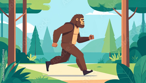 Animated Bigfoot runs along a forest path; simplified vector design, teal and brown palette, and natural scenery