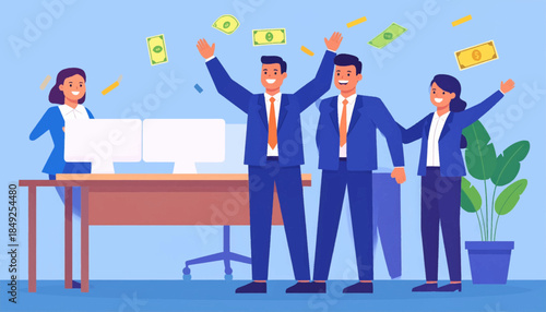 Business team celebrates success, money floats in the air, standing in an office