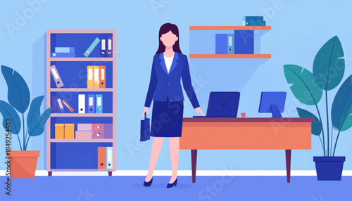 Businesswoman standing in an office setting, with a desk, computer, bookcase, and potted plants