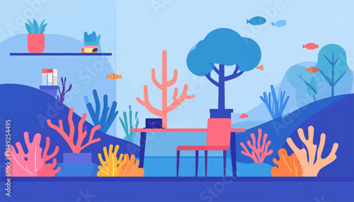 Blue-toned illustration depicts a desk amidst underwater plants and fish in various colors, conveying a serene vibe
