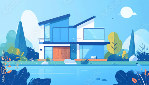 Cartoonish modern house next to water with trees, against a bright blue sky and sun in background