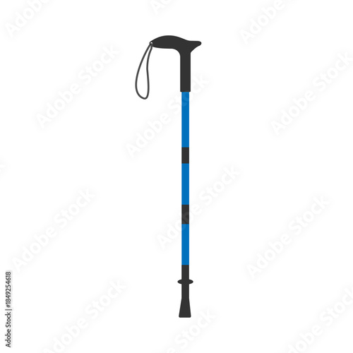 tracking stick vector icon. Walking stick with a blue shaft and black handle for hiking and outdoor activities