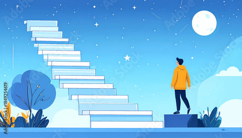 Animated scene shows a person approaching a staircase leading to a starry night sky with a full moon