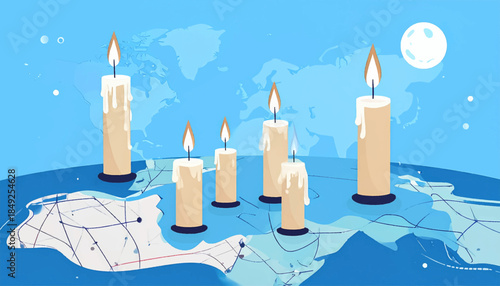 Candles stand on continents, under moon in a world map themed pastel illustration
