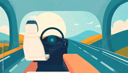 Car interior view road ahead, bright sun, mountains, blue sky, flat style, driver seat