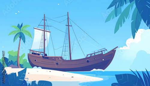 Cartoon scene A wooden ship ashore on a white sand beach by teal water under a bright blue sky with palms