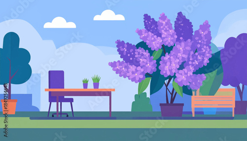 Cartoon scene desk, chair, bench, and lush lilac trees under a cloudy sky, in a garden setting