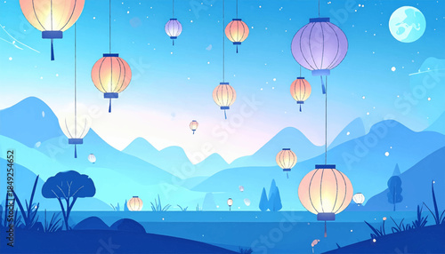 Blue-toned landscape with lanterns hanging under a sky with mountains and a moon