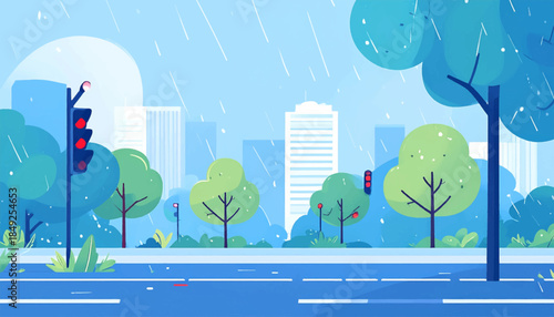 Animated street scene with trees, buildings, and rain, in blue, green and white colors with red traffic lights