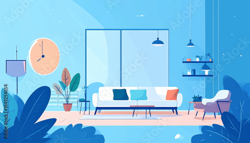 Blue-toned living room with white couch, plants, and geometric shapes in an illustrative style