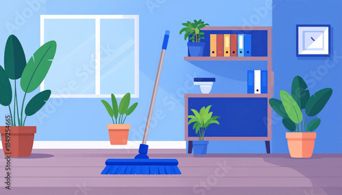 Blue-toned room featuring plants, bookshelf, clock, window, and a blue broom on a wood-plank floor