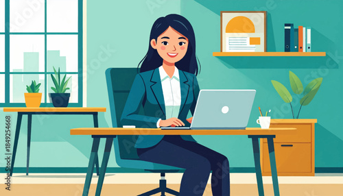Animated woman seated at desk, in business attire, working on laptop in office setting with plants