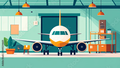 Cartoon airplane in hangar, teal walls, yellow accents. Clean lines, stylized look